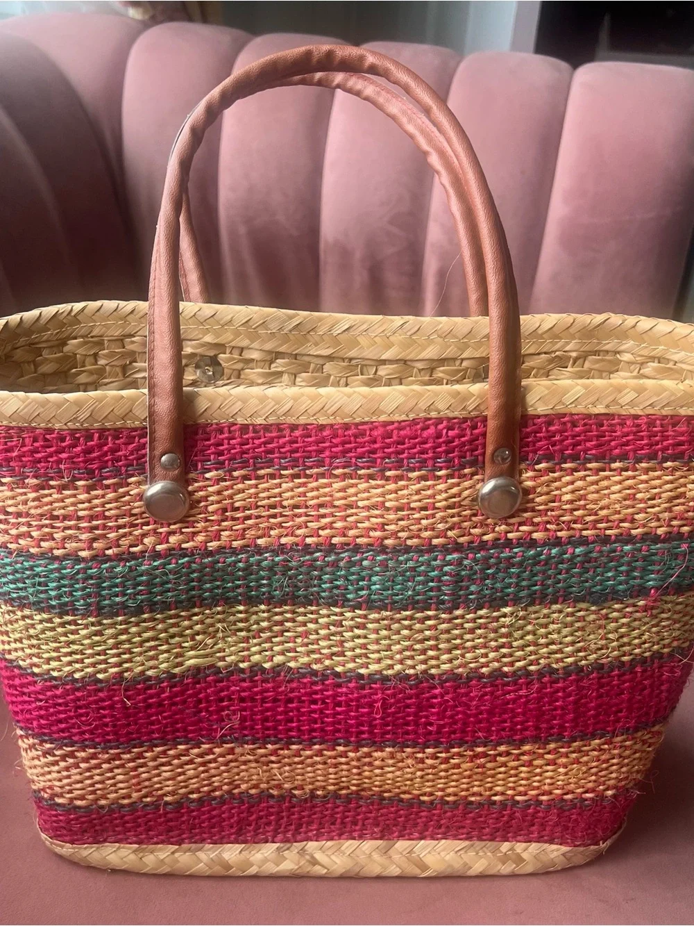 Striped Straw Tote Bag with Pink, Natural & Mint Accents - Picture 5 of 7